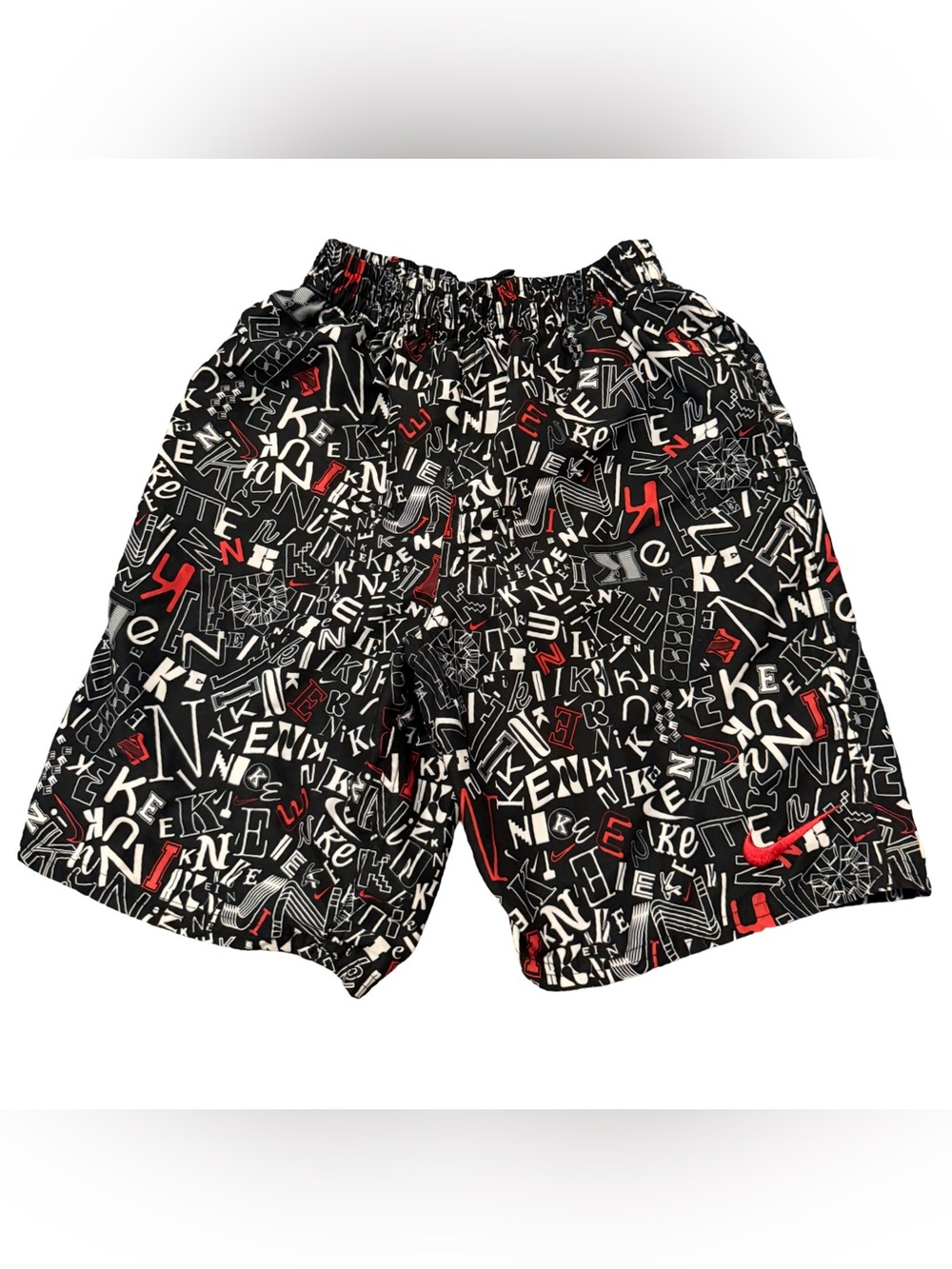 Nike Black Graphic Logo Swim Shorts with White & Red Accents - boys L